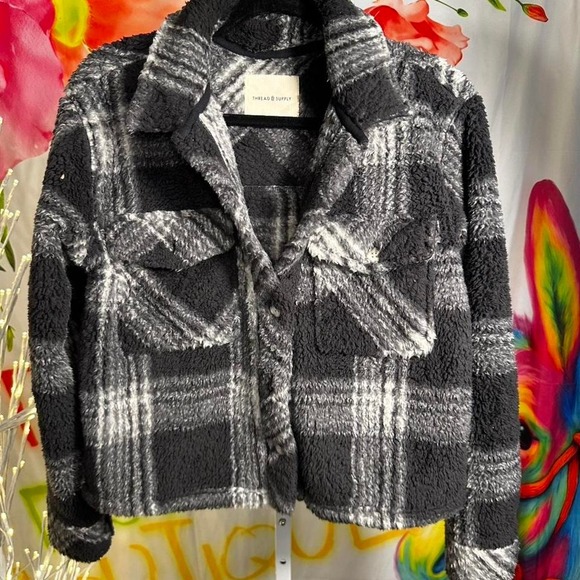 Jackets & Blazers - W83. Thread & Supply black + white plaid fleece jacket Size XS